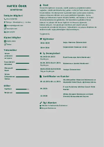 Beslenme Uzmanı Diyetisyen CV Örnekleri cv indir